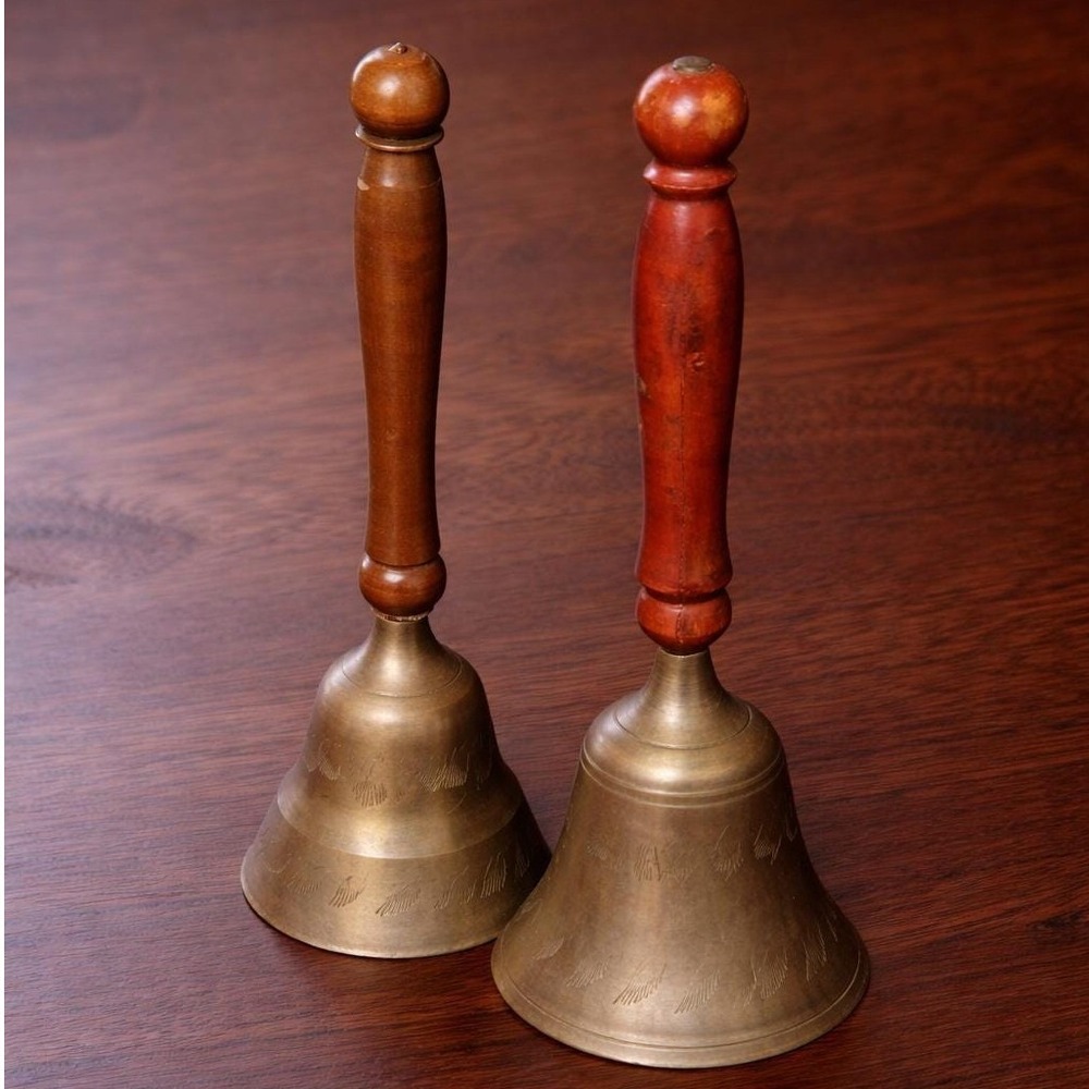 Vintage Brass Wood Bells Set of 2 Etched Decorative Rustic Bells